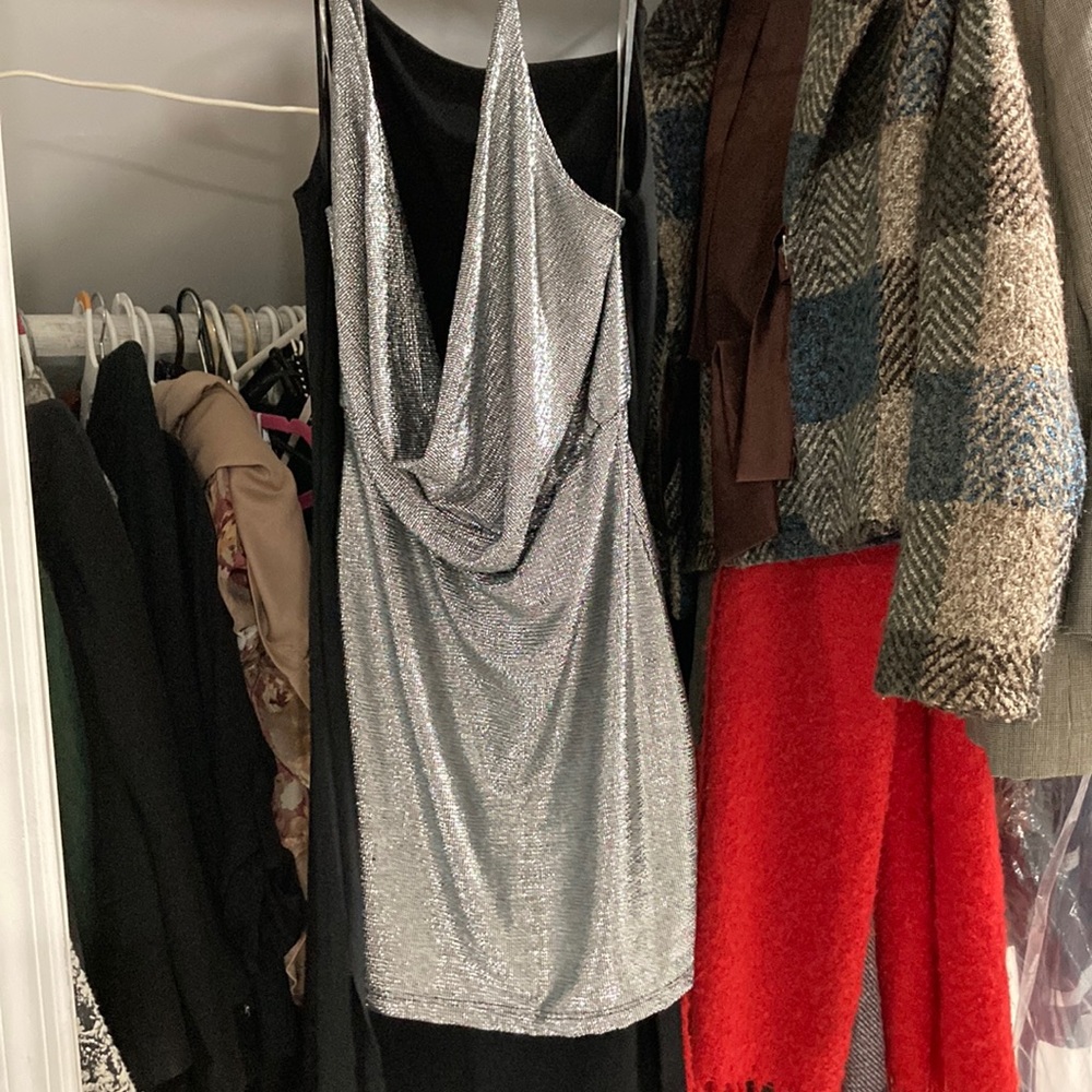 New Year’s Eve silver shimmery cowl neck dress designer heartbeeps